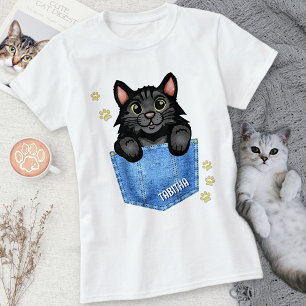 Black Cat in Faux Denim Pocket with Custom Name T-Shirt