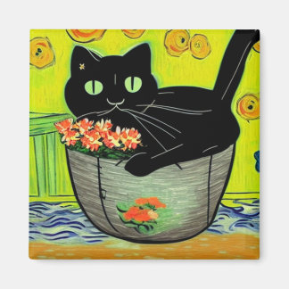 Black Cat in Flower Pot Magnet