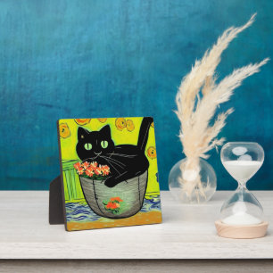 Black Cat in Flower Pot Plaque