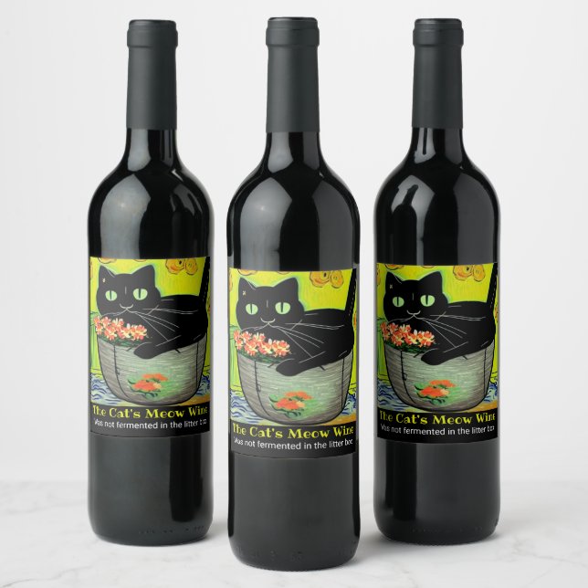 Black Cat in Flower Pot  Wine Label (Bottles)