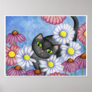Black Cat In Flowers Art Poster