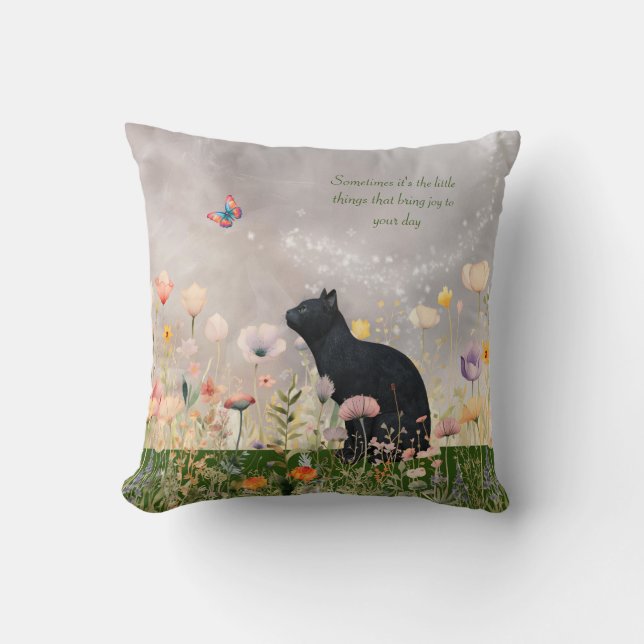 Black Cat in Flowers Cushion (Front)