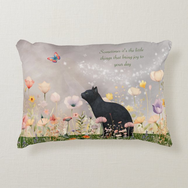 Black Cat in Flowers Decorative Cushion (Front)