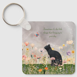 Black Cat in Flowers Key Ring