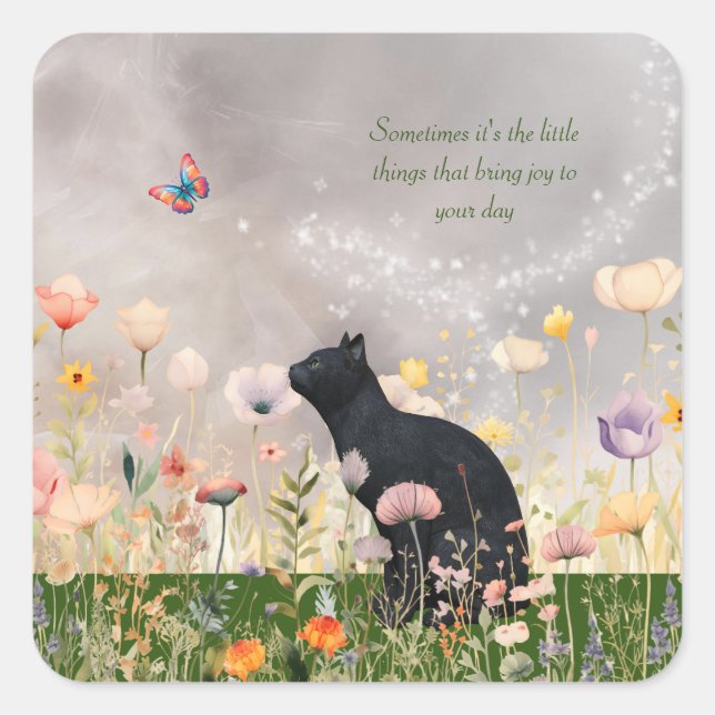 Black Cat in Flowers Square Sticker (Front)