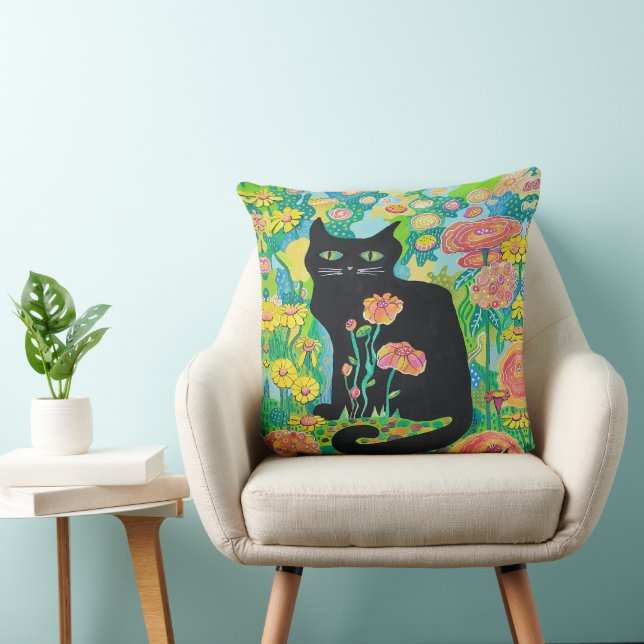 Black Cat in Flowers Throw Pillow Home Decor (Chair)
