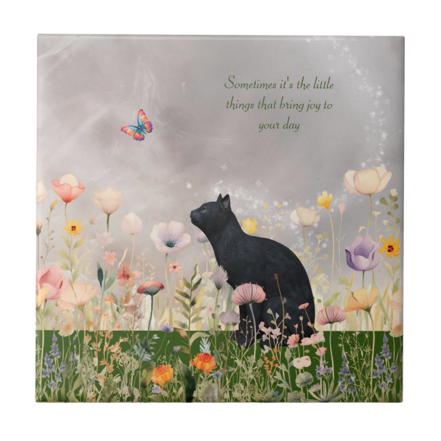 Black Cat in Flowers Tile (Front)