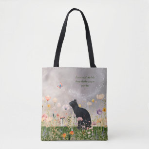 Black Cat in Flowers Tote Bag