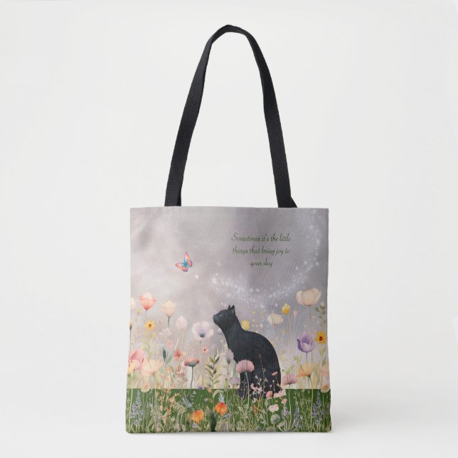 Black Cat in Flowers Tote Bag (Front)