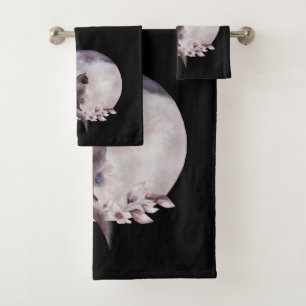 Black Cat in Front of a Magical Full Moon Bath Towel Set