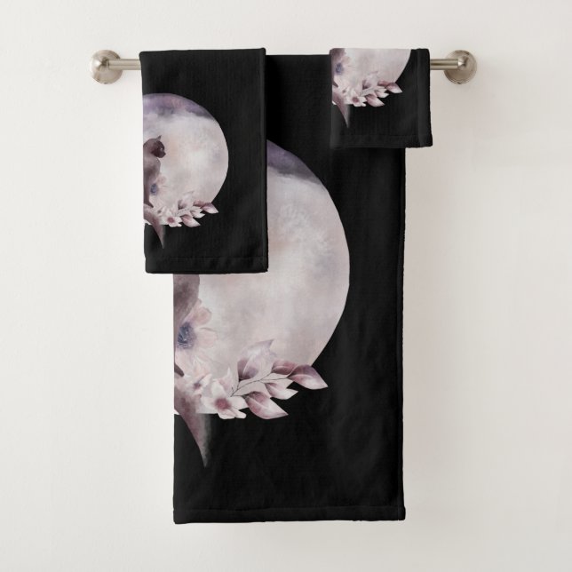 Black Cat in Front of a Magical Full Moon Bath Towel Set (Insitu)