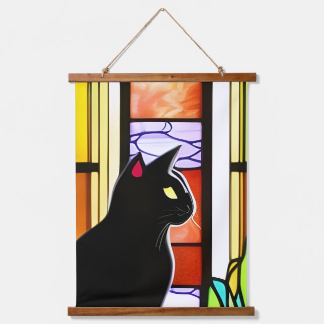 Black Cat in Front of Stained Glass Window Hanging Tapestry (Front)