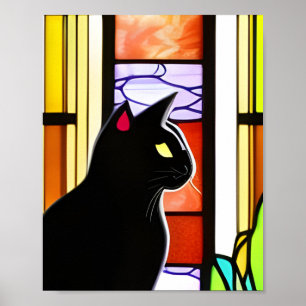 Black Cat in Front of Stained Glass Window  Poster
