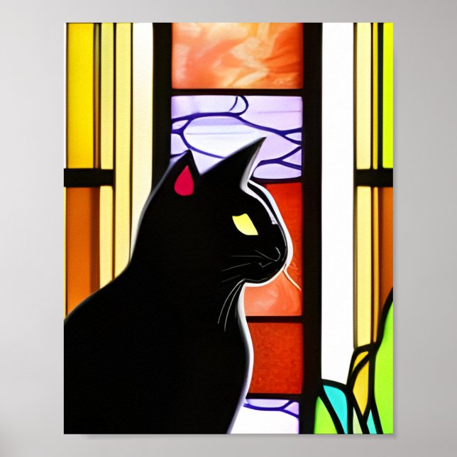 Black Cat in Front of Stained Glass Window  Poster (Front)