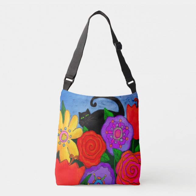 Black Cat In Garden Abstract Art Crossbody Bag (Front)
