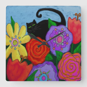 Black Cat in Garden Abstract Art Round Clock