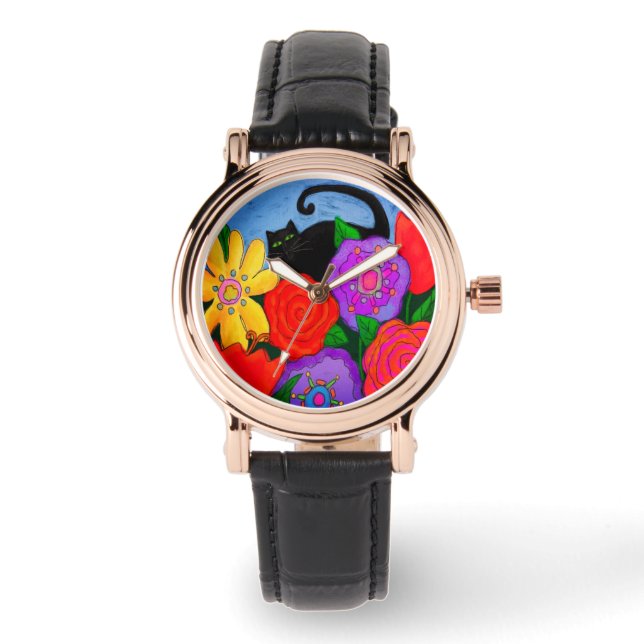 Black Cat in Garden Abstract Art Watch (Front)