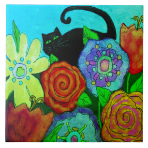 Black Cat In Garden Abstract Painting Tile