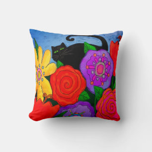 Black Cat in Garden Cushion