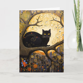 Black Cat in Golden Swirls Card
