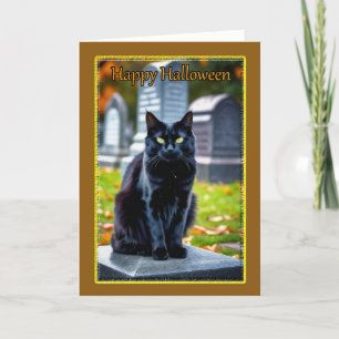 Black Cat in Graveyard on Halloween Holiday Card