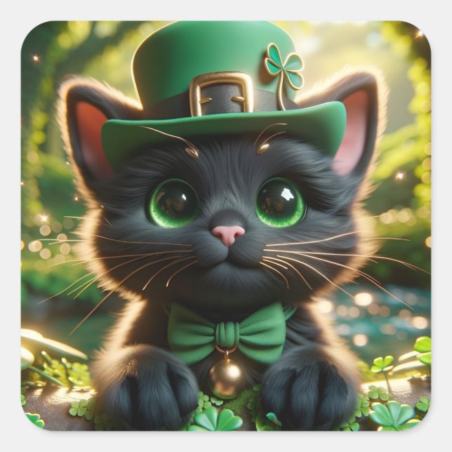 Black Cat in Green St. Patrick's Day Attire Square Sticker (Front)