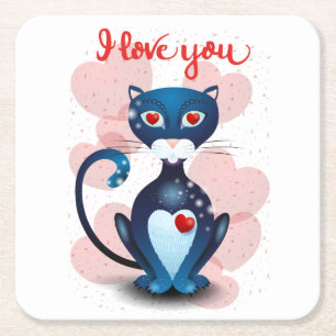 Black cat in Love Square Paper Coaster