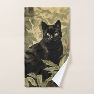 Black Cat in Lush Forest Hand Towel