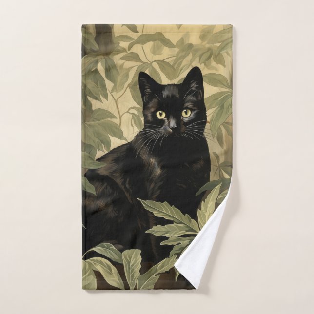 Black Cat in Lush Forest Hand Towel (Hand Towel)