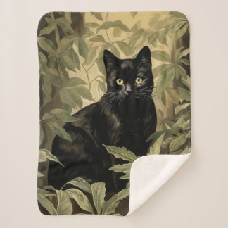 Black Cat in Lush Forest Sherpa Blanket