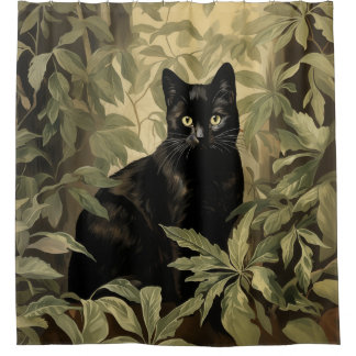 Black Cat in Lush Forest Shower Curtain