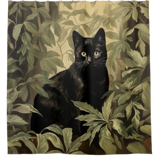 Black Cat in Lush Forest Shower Curtain (Front)