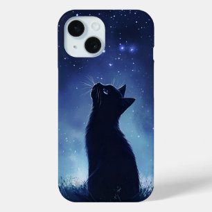 Black Cat in Magical Starlit Meadow iPhone 15 Case