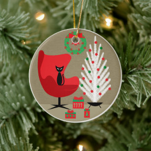 Black Cat in Mid Century Christmas Room Ceramic Tree Decoration