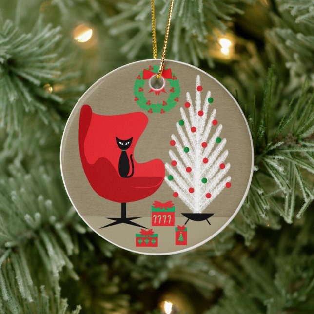 Black Cat in Mid Century Christmas Room Ceramic Tree Decoration (Tree)