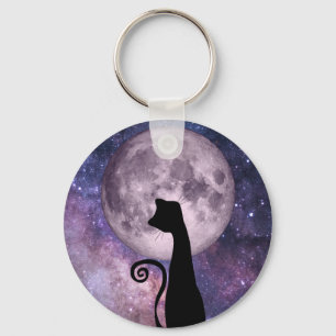 Black Cat in Moonlight In Pink and Purple Keychain