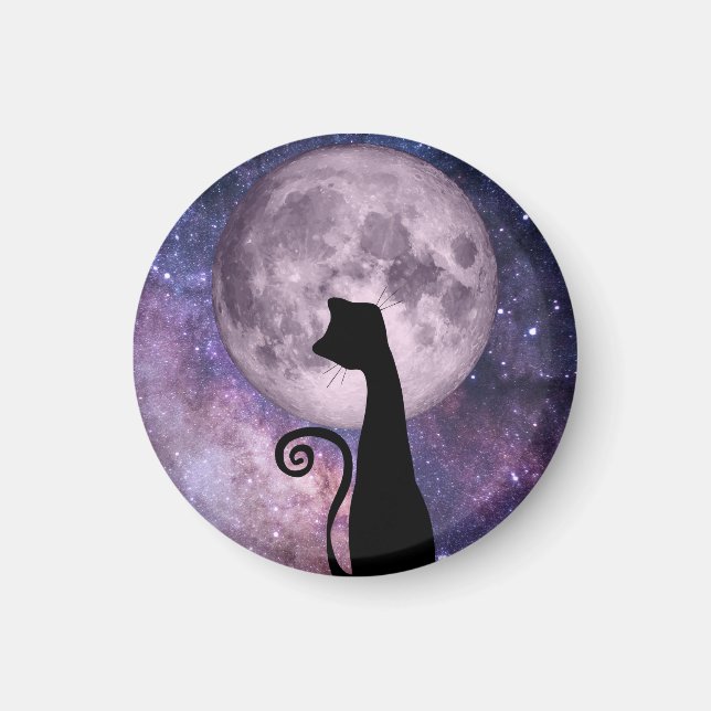 Black Cat in Moonlight In Pink and Purple Magnet (Front)