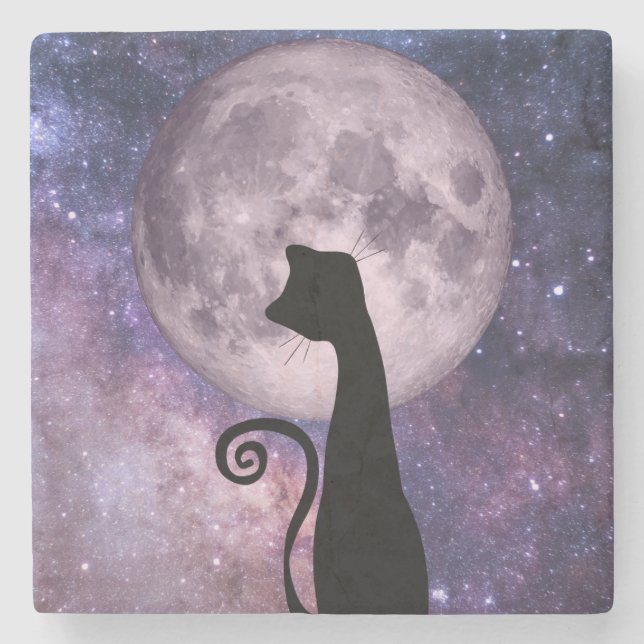 Black Cat In Moonlight Pink/Purple Marble Coaster (Front)