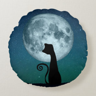 Black Cat in Moonlight Round Throw Pillow