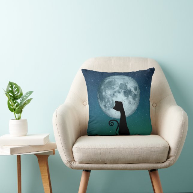Black Cat In Moonlight Throw Pillow (Chair)
