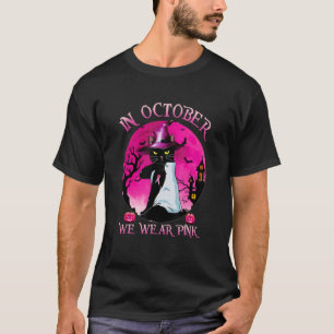 Black Cat In October We Wear Pink Funny Halloween T-Shirt