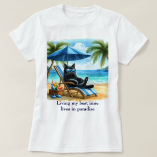 Black Cat in Paradise Beach Time  T-Shirt
