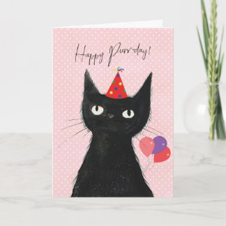 black cat in party hat funny purrday birthday card