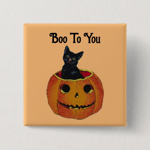Black Cat In Pumpkin Button Pin