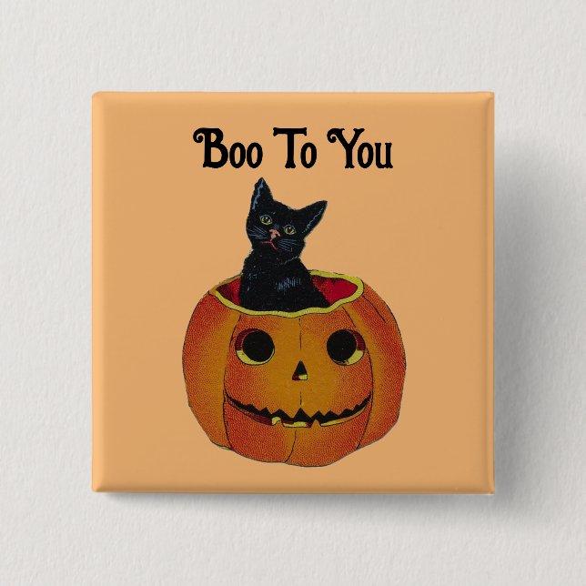 Black Cat In Pumpkin Button Pin (Front)