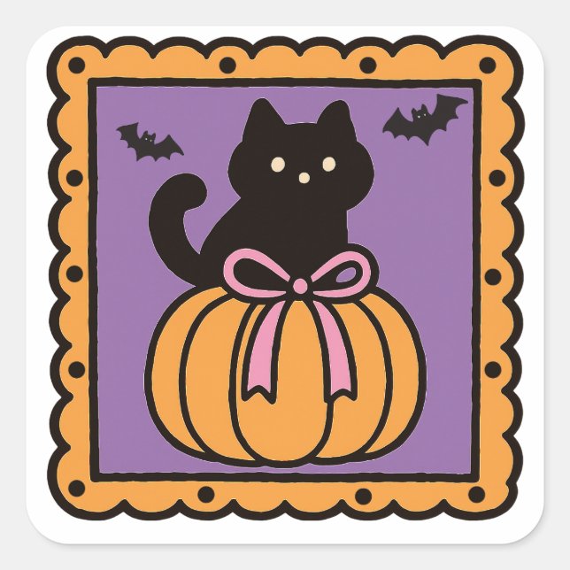 Black Cat in Pumpkin – Cute Halloween Design Square Sticker (Front)