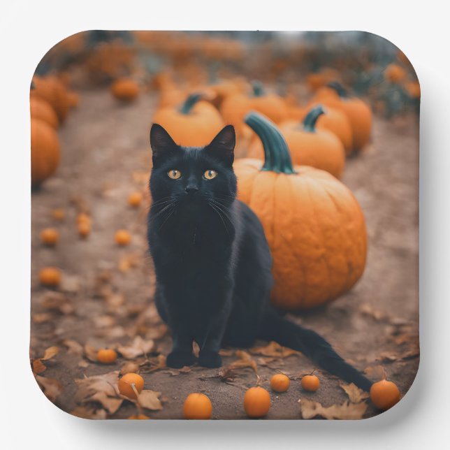 Black Cat In Pumpkin Patch Paper Plate (Front)