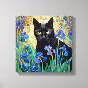 "Black Cat In Purple Iris Art Canvas Print