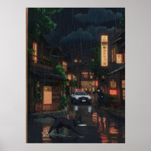 Black Cat in Rainy Neon Japanese Street Anime Art
