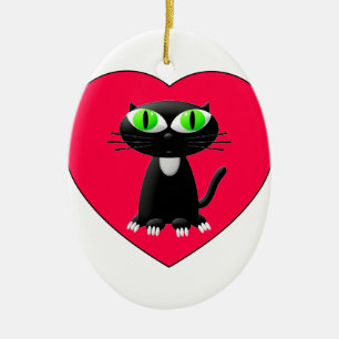Black Cat In Red Heart Ceramic Tree Decoration
